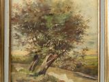 an oil painting of a tree in a field with a path