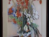 a painting of flowers in a vase on a table