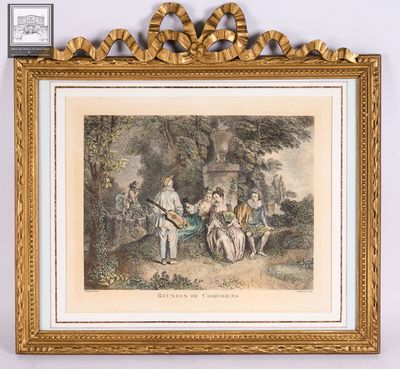 une gravure ancienne représentant un groupe de personnes jouant de la musique dans un décor boisé
