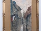 an oil painting of a street scene with buildings and a person holding an umbrella