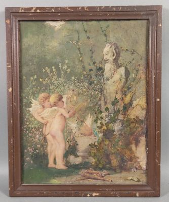 un tableau représentant un enfant et un chien dans un jardin