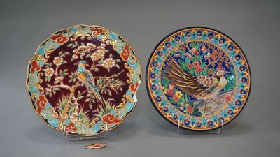 pair of chinese cloisons plates with peacocks and flowers
