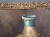 a painting of a blue vase with a yellow apple in front of it
