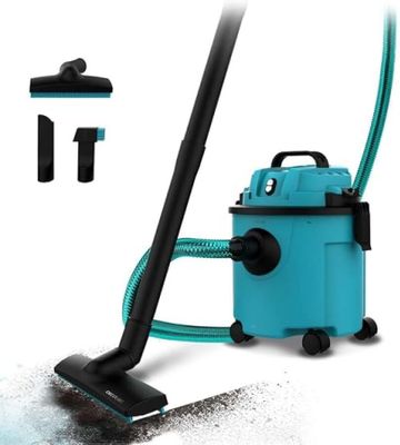 an image of a blue vacuum cleaner with a black hose