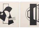 deux tableaux en noir et blanc représentant des formes abstraites sur fond blanc