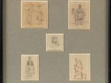 sketches of people and animals in a black frame on a table