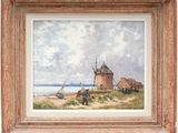 a painting of a windmill on a beach with a boat in the water