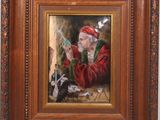 une peinture à l'huile représentant un homme vêtu d'un manteau rouge tenant une bouteille