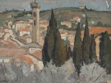 painting of a view of a town with a clock tower in the distance