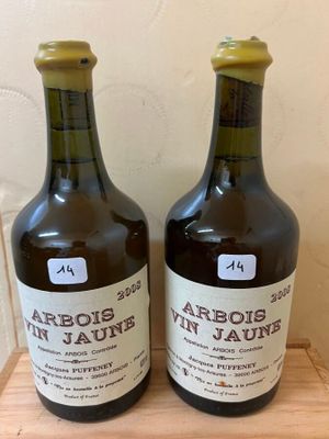 two bottles of wine sitting on top of a wooden table