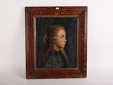 une peinture à l'huile représentant une jeune fille, dans un cadre marron