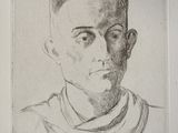 drawing of a man with a scarf on his neck in a black and white photo