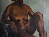 une peinture à l'huile représentant une femme assise sur un lit, les jambes croisées