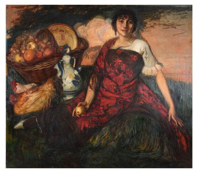 an image of a painting of a woman in a red dress sitting next to a basket of fruit