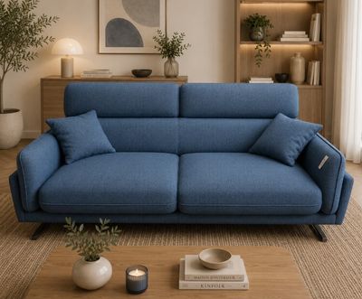 un canapé bleu placé dans un salon, à côté d'une table basse