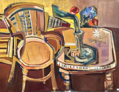 un tableau représentant une table sur laquelle se trouvent deux chaises et un vase