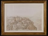 dessin représentant un château situé sur une colline, avec une montagne en arrière-plan