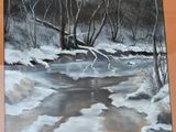 painting of a stream in a snowy landscape with trees and snow