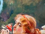 a painting of a woman holding a flower in her hand