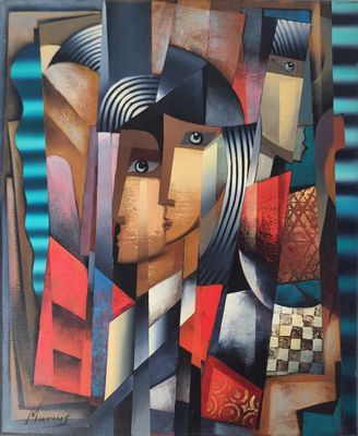peinture abstraite représentant une femme portant un chapeau et une écharpe rayée