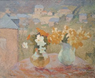 une peinture de fleurs dans un vase sur une table
