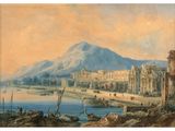 an image of a painting of a view of a city with a mountain in the background
