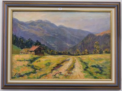 an oil painting of a mountain scene with a house in the foreground