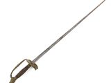 a close up of a sword with a wooden handle on a white background