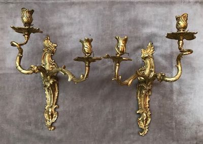 paire d'appliques murales anciennes en laiton avec oiseaux et fleurs