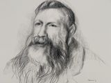 a black and white drawing of a bearded man with a long beard