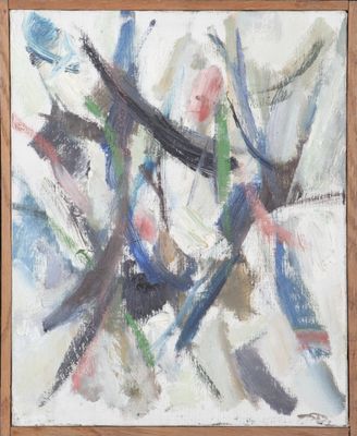 an oil painting of a white and blue abstract painting on a wooden frame
