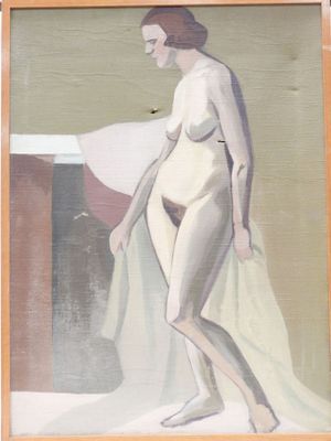 a painting of a woman standing in front of a bathtub