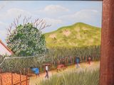 painting of a painting of a farm scene with a man carrying a basket