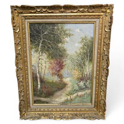 a painting of a path in a wooded area with trees