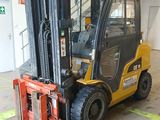 a forklift truck parked in a warehouse with a ladder