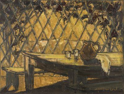 un tableau représentant une table sur laquelle se trouve un vase