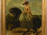 une peinture à l'huile représentant une femme à cheval dans un champ