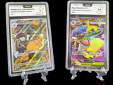 two pokemon cards in clear plastic holders on a black background