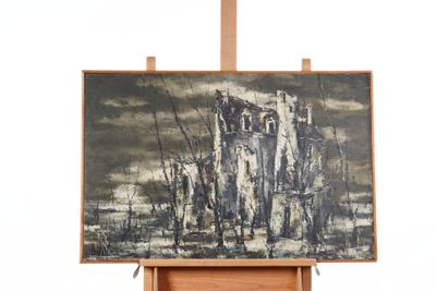 a painting on a easel with a picture of a castle in the background