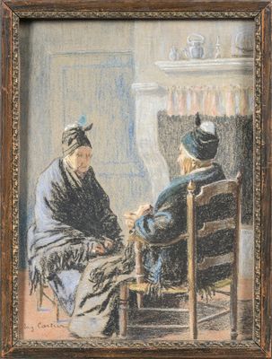an old painting of two women sitting in a chair in front of a fireplace