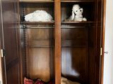 a dog that is sitting in the closet of a cabinet