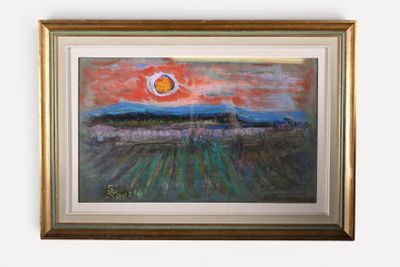 painting of a sunset over a field with a lone tree in the foreground