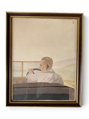 tableau représentant un homme assis dans une voiture, regardant par la fenêtre