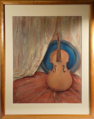 painting of a violin sitting on a table in front of a curtain