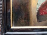an image of a painting of a woman in a red hat and green dress