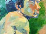 a painting of a man sitting down with his eyes closed