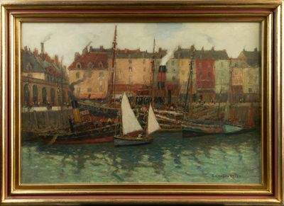 a painting of boats in a harbor with buildings in the background