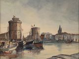 painting of boats in a harbor with a castle in the background