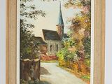 an oil painting of a church with a steeple in the background