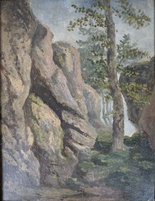 an oil painting of a mountain scene with trees and rocks